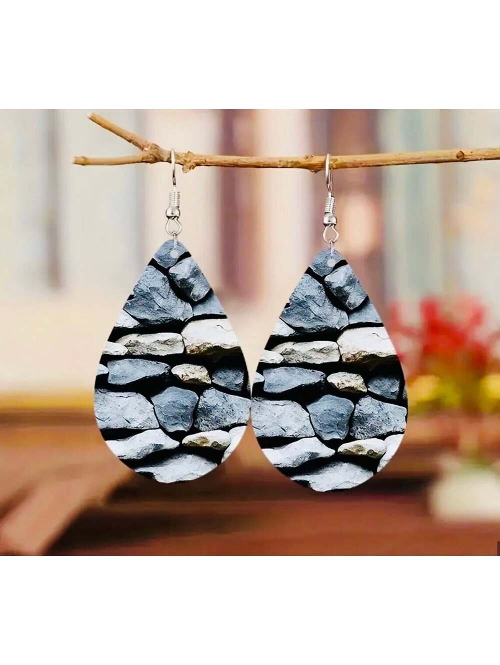 New - Unique Natural Stone Design Wooden Waterdrop-Shaped Dangle Earrings